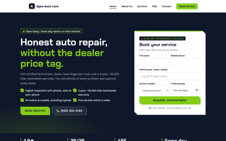 Auto Repair design, home page preview