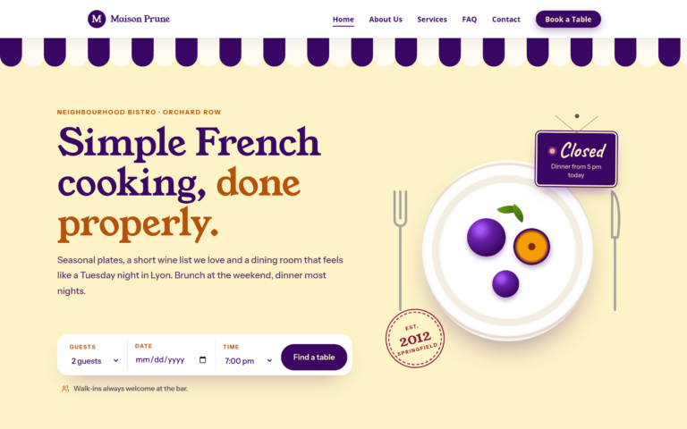 Bistro & Restaurant design, home page preview