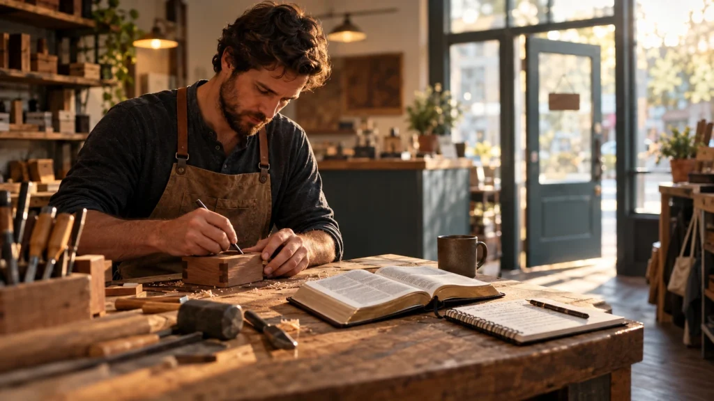 Illustration showing Here, Bible, Monday, for an article on Christ-Centered Business.