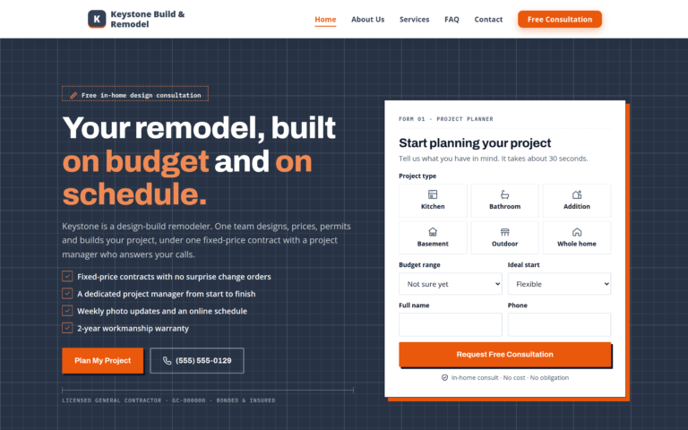 General Contractor design, home page preview