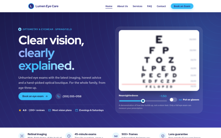 Eye Care design, home page preview