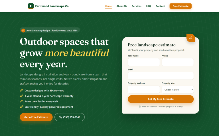 Landscaping design, home page preview