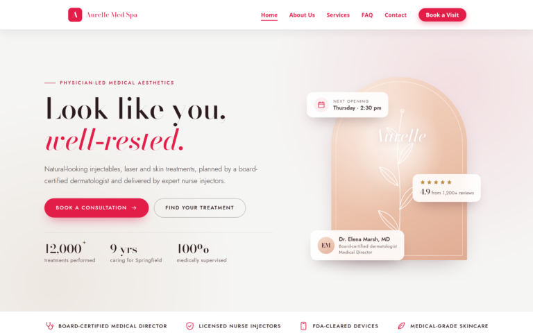 Med Spa design, home page preview